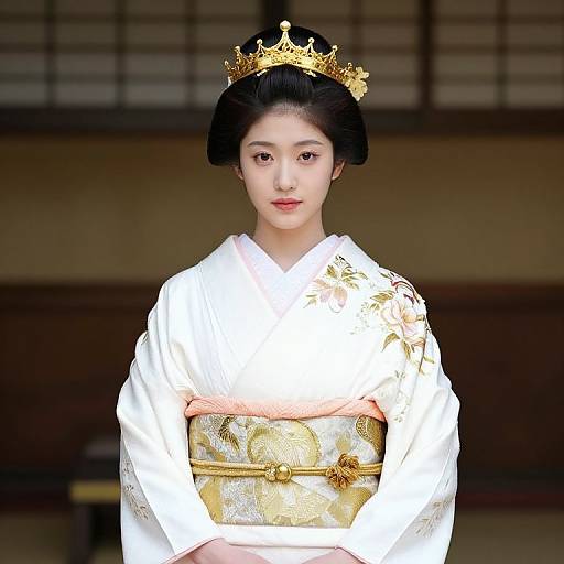 Elegant Woman in White and Gold Kimono