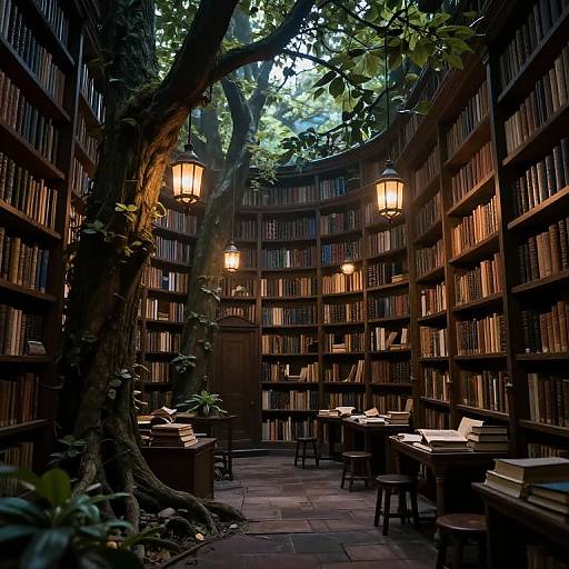 Photograph of a cozy, dimly-lit library with wooden bookshelves, lit lanterns, tree in the center, and reading tables with