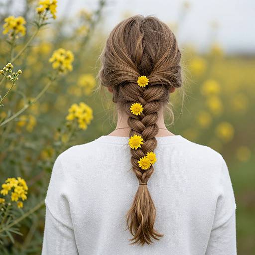 Photograph of a woman with a braided brown hair adorned with yellow flowers, wearing a white sweater, standing in a yellow flower field.