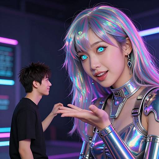 CGI image: Neon-lit scene, large blue-eyed, silver-haired girl in futuristic armor, smiling, converses with small, black-clo