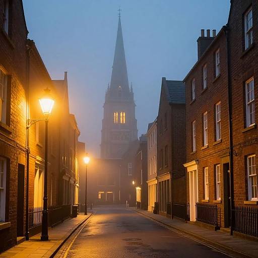 Misty Twilight Street with Church Spire