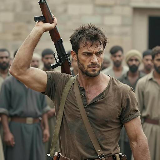 Determined Warrior in a Crowded Scene