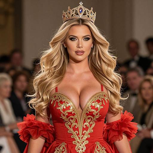 Photograph of a blonde model with wavy hair, wearing a gold crown, red off-shoulder dress with gold embroidery, and red ruffled