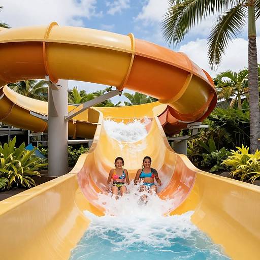 Photograph of two children in swim trunks and life vests, splashing down a bright yellow water slide with an orange overhead loop, surrounded by tropical
