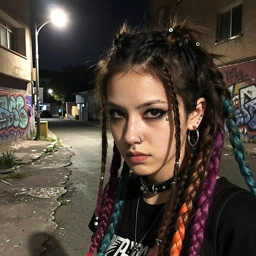 Photograph of a young woman with purple and blue dreadlocks, nose ring, black choker, and heavy makeup, standing in a graffiti-covered,