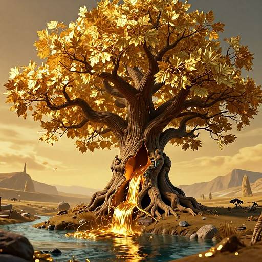 Digital artwork of a glowing, autumn-leaved tree with a fiery base, surrounded by a serene landscape with mountains, river, and distant structures. Bright
