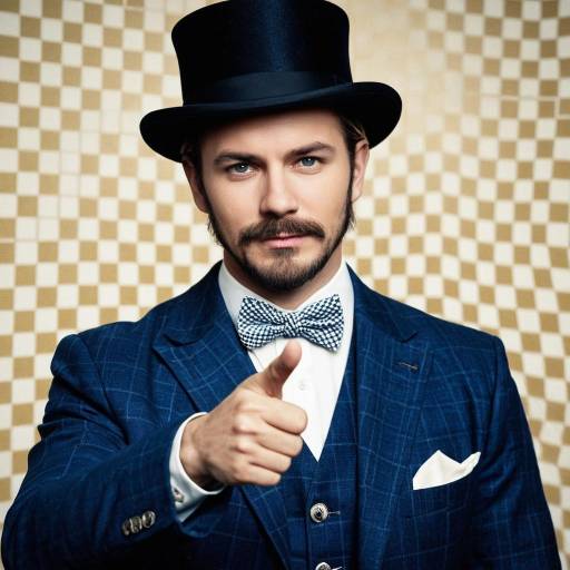 Man in Blue Suit and Top Hat Pointing