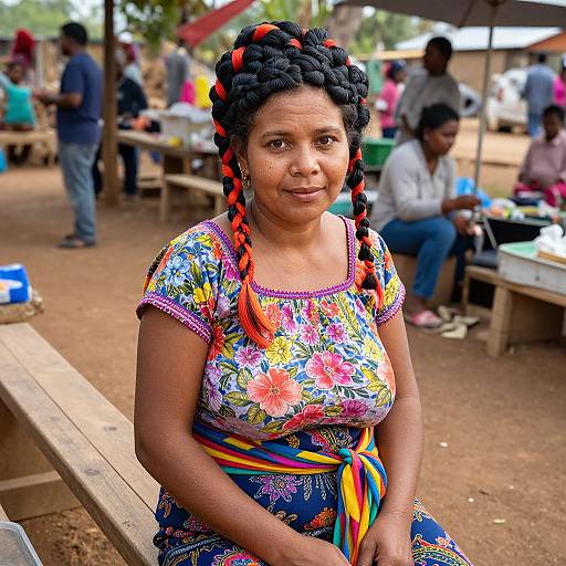 Photograph of an African woman with dark skin, wearing a colorful floral dress and red-beaded braids, seated outdoors at a market. Background includes