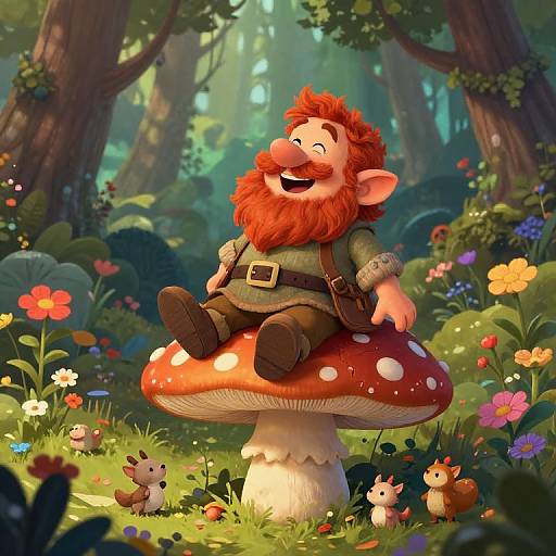 Cartoon red-bearded gnome with green shirt and brown pants, smiling on a red-spotted mushroom in a vibrant, sunlit forest filled with colorful