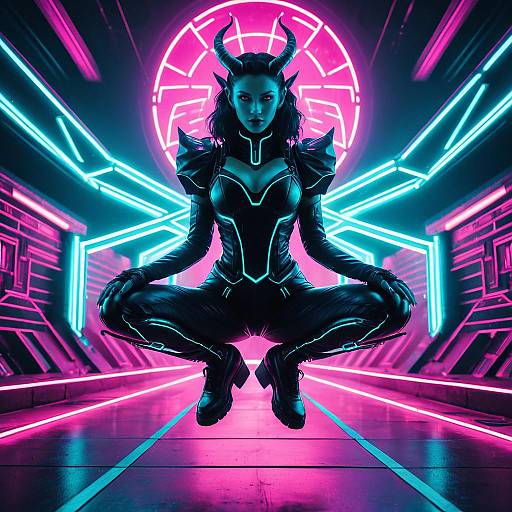 Futuristic Female Demon in Neon Cyberpunk Setting