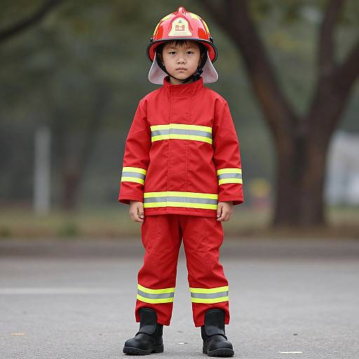 Photograph of a serious young Asian boy in red firefighter uniform with helmet, standing on a paved street, blurred trees in background.