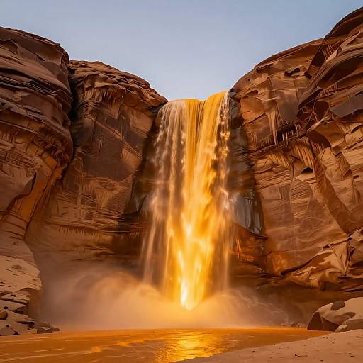 Photograph of a vibrant, golden waterfall cascading between rugged, reddish-brown rock walls into a misty, orange pool below.