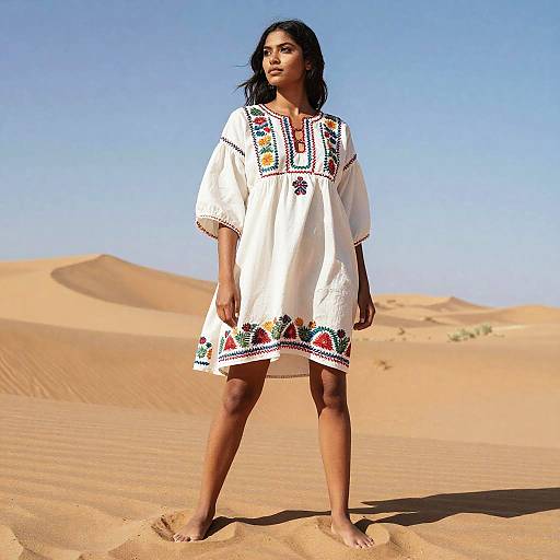 Photograph of a dark-skinned woman with long black hair, wearing a white embroidered dress, standing barefoot in a sunny desert with golden sand d