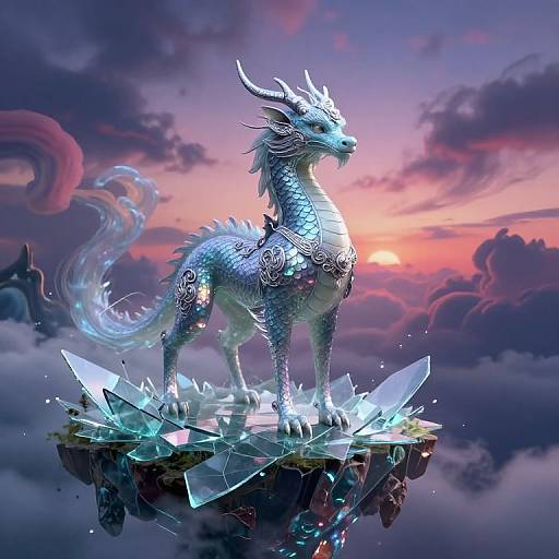 Digital art of a majestic, blue-scaled dragon with intricate silver patterns, standing on a floating crystal platform, against a vibrant sunset sky with pink and