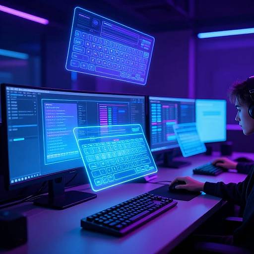 Photograph of a person in a dark, neon-lit room, working on multiple blue and purple glowing computer screens with floating virtual keyboards.