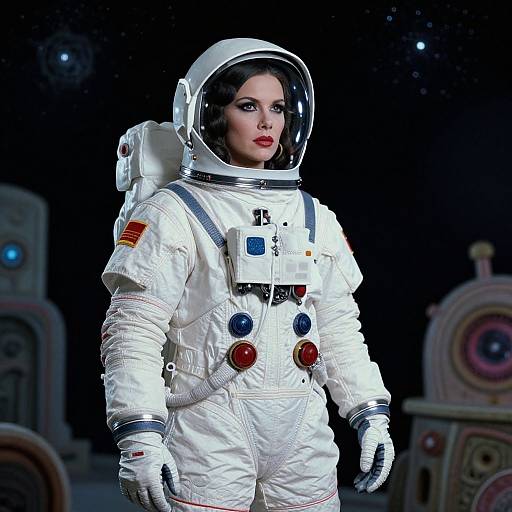 Photorealistic digital artwork of a fair-skinned woman in a white astronaut suit with a helmet, standing in a space-themed background.