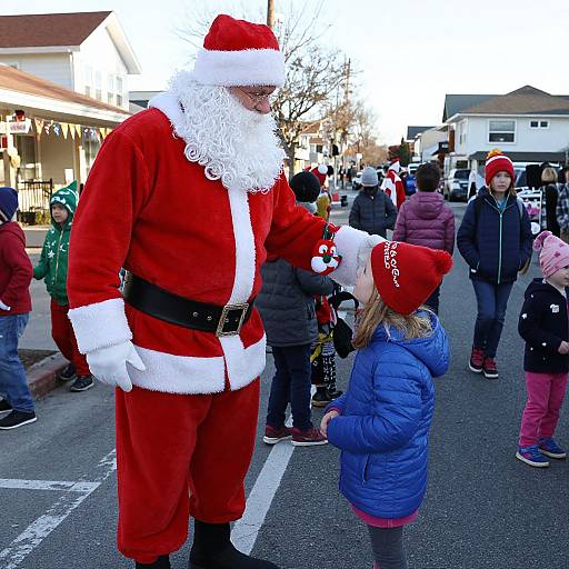 Photograph of Santa Claus in red suit with white trim, black belt, and white beard, shaking hands with a young girl in blue coat and red