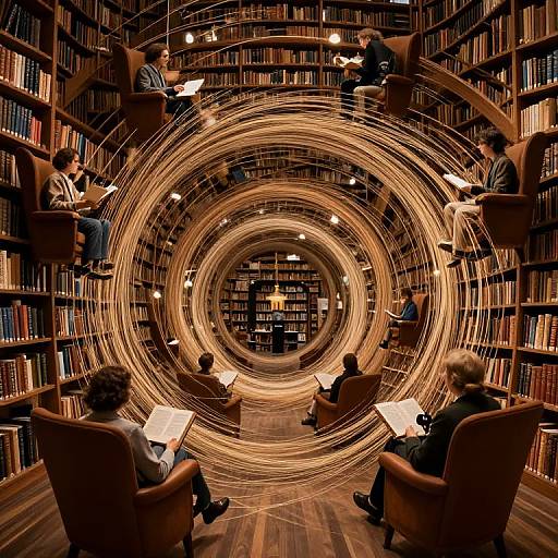 Photograph of a circular library with rotating lights, bookshelves, and people sitting in brown armchairs, reading and writing, surrounded by concent