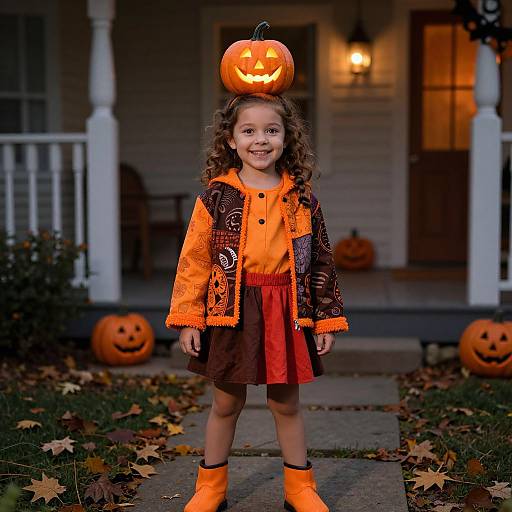 Photograph of a smiling young girl with curly hair, wearing an orange Halloween outfit, brown dress, orange boots, and a carved pumpkin hat, standing