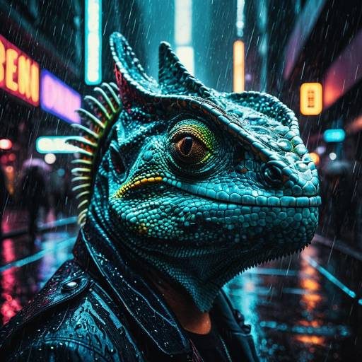 Chameleon-faced Figure in Neon Rain Chameleon-faced Figure in Neon Rain
