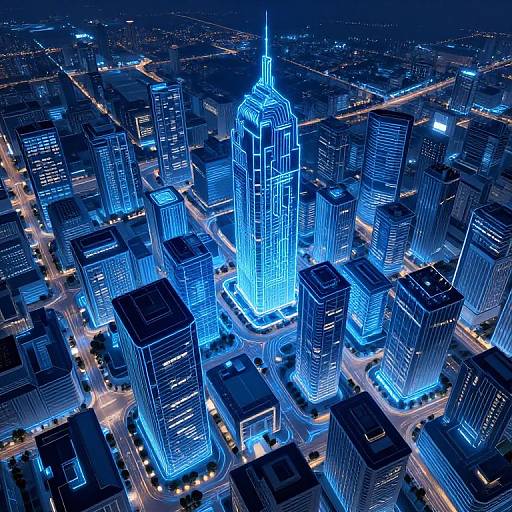 Aerial photograph of a cityscape at night, featuring a prominently illuminated blue skyscraper in the center, surrounded by other glowing buildings.