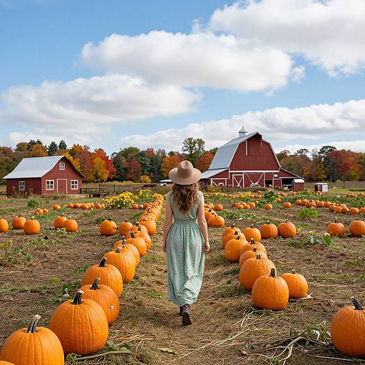 Photograph of a woman in a light blue dress and straw hat walking through a pumpkin field towards red barns under a bright, cloudy sky.