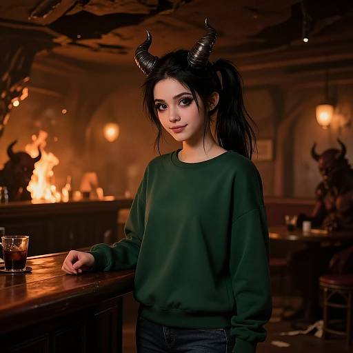 Photograph of a young woman with black horns, dark pigtails, green sweater, and a glass of dark liquid, standing in a dimly