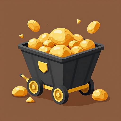 Digital illustration of a black, four-wheeled cart filled with shiny, yellow gold nuggets, with some nuggets floating mid-air against a brown