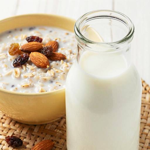 Photograph of a glass of milk next to a bowl of creamy oatmeal with almonds and raisins, on a woven mat.
