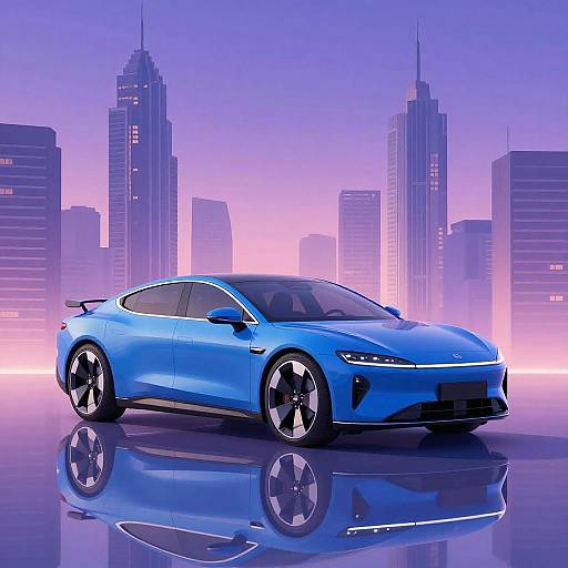 Futuristic Blue Electric Car in Urban Landscape