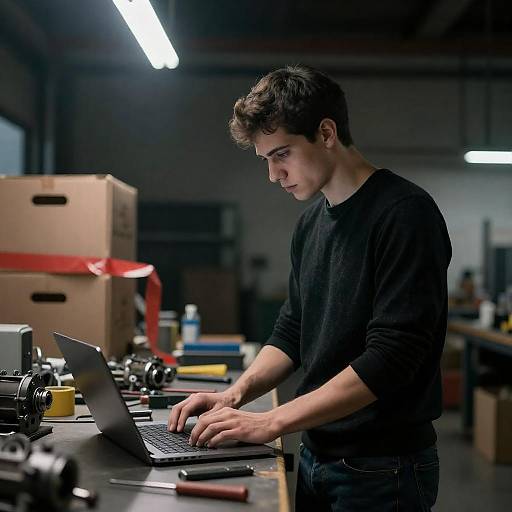 Young Man Focused in Dim Industrial Workshop