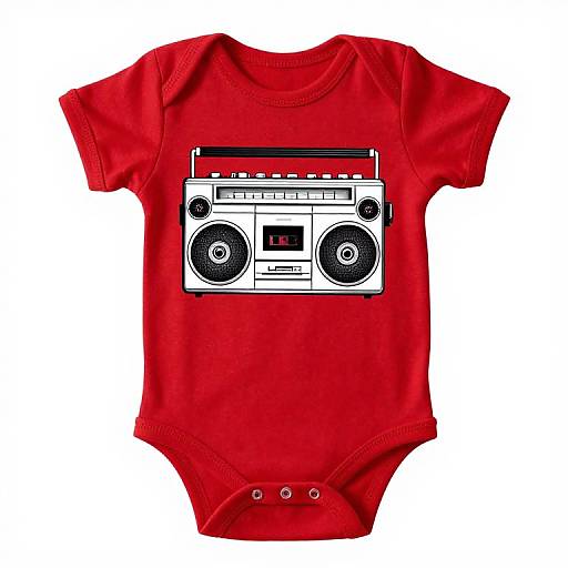 Photograph of a red baby onesie with a black and white illustration of a vintage boombox on the chest.