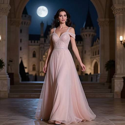 Photograph of a dark-haired woman in a pink, off-shoulder, lace-embellished gown, walking on a moonlit castle courtyard