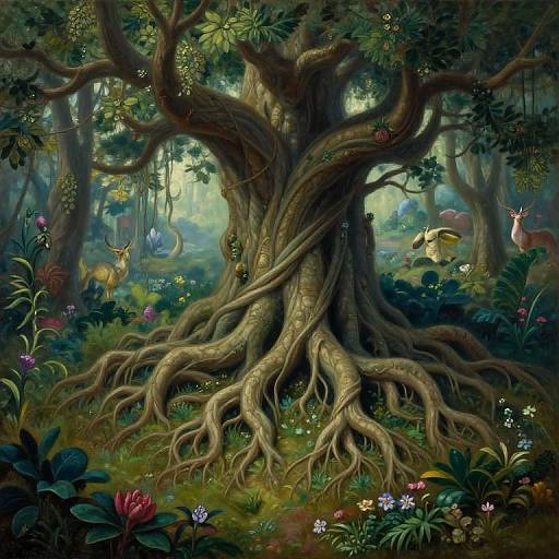Enchanting digital fantasy forest scene with a massive, twisted tree at center, surrounded by vibrant flowers, faeries, butterflies, and whimsical creatures