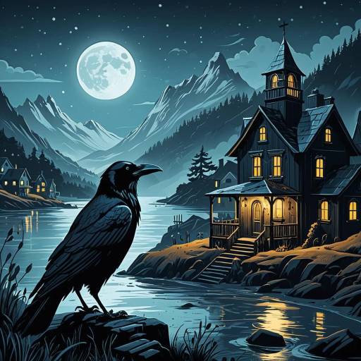 Noir Style Raven by Moonlit Mountain Village