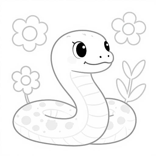 Black-and-white digital line drawing of a cute, smiling snake with large, round eyes, surrounded by simple flower outlines.