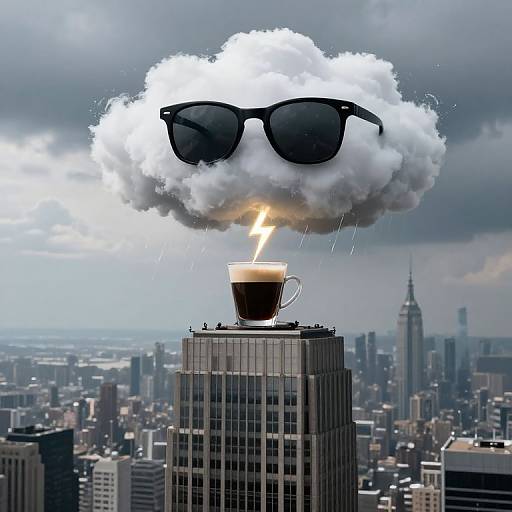 Photograph of a cityscape with a coffee cup on a skyscraper, emitting smoke with large black sunglasses and a lightning bolt.