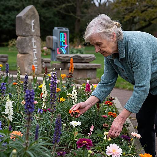 Elderly woman with white hair, wearing a blue sweater, tends a vibrant garden filled with colorful flowers, near a stone tombstone and colorful sign