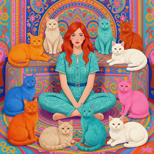 Psychedelic Woman with Colorful Cats