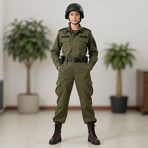 Photograph of a young woman in olive green military-style uniform, black helmet, and boots, standing confidently with hands in pockets, flanked by two