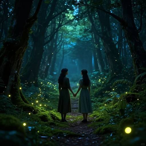 Digital artwork of two women holding hands, walking down a glowing, enchanted forest path, surrounded by twinkling fireflies, and illuminated by ethereal blue