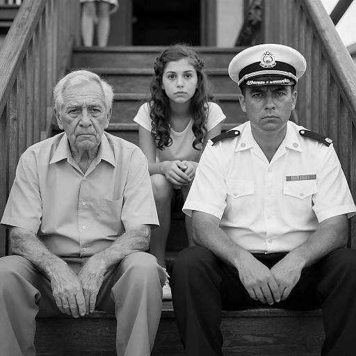 Melancholic Trio on Wooden Staircase