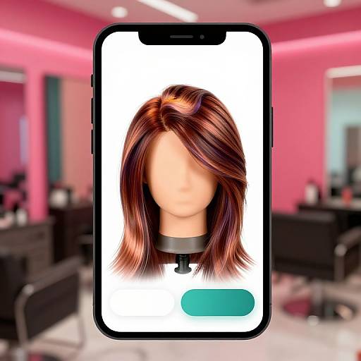 Photograph of a smartphone screen displaying a faceless mannequin head with shoulder-length, brown and blonde highlighted hair, set against a blurred pink salon