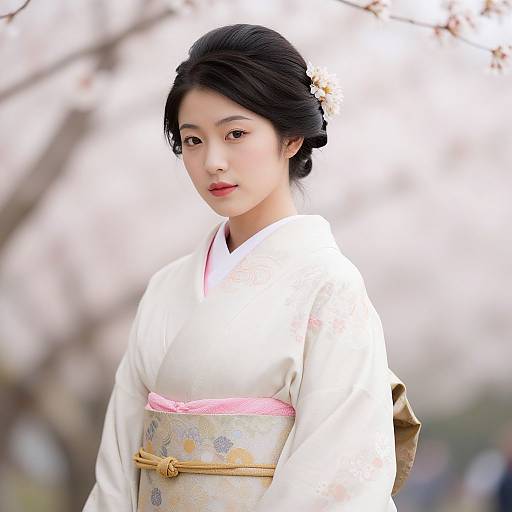 Photograph of an Asian woman with fair skin, black hair in an updo, wearing a white kimono with pink obi, standing outdoors against
