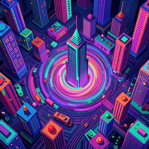 Neon-lit futuristic cityscape: vibrant neon lights, glowing skyscrapers, circular traffic pattern, colorful cars, and a central illuminated tower.