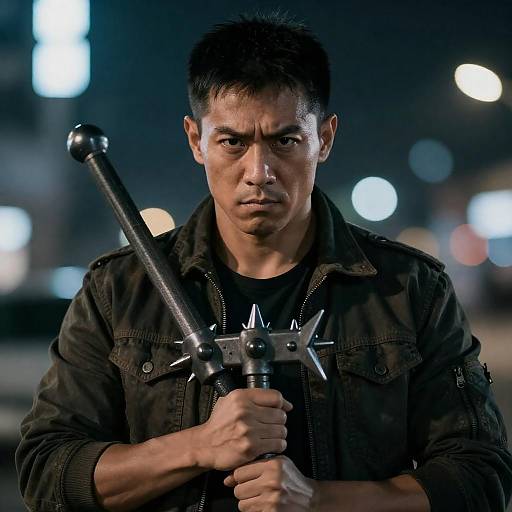 Intense Muscular Man with Spiked Weapon