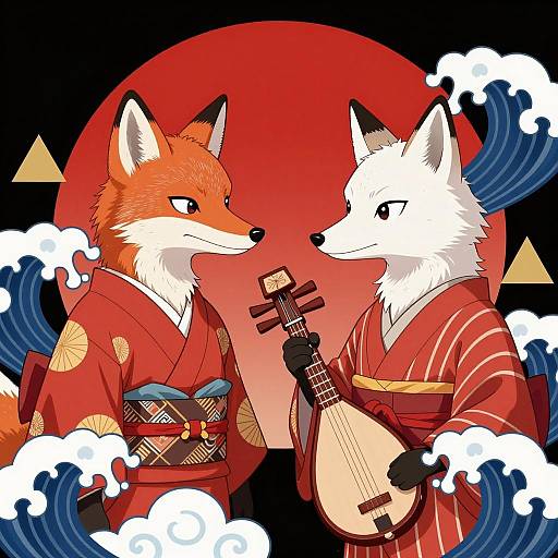 Anthropomorphic Foxes in Kimonos with Shamisen