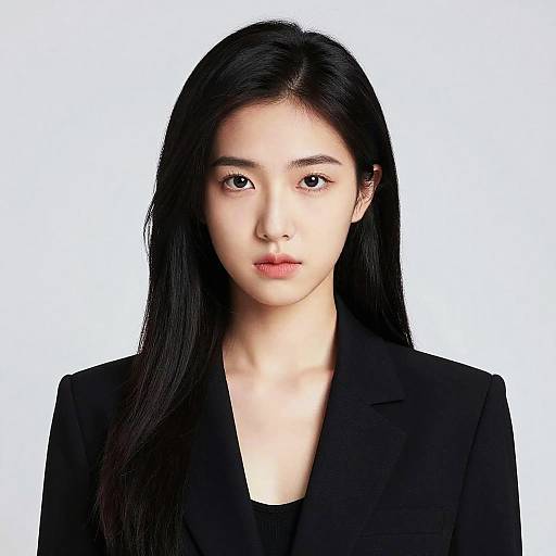 Photograph of a young East Asian woman with long black hair, fair skin, and soft expression, wearing a black blazer, against a plain white