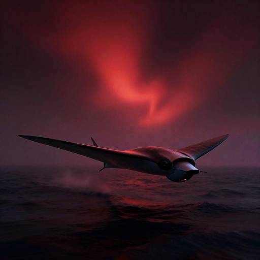 Clockwork Manta-Ray Cruiser Beneath Red Aurora