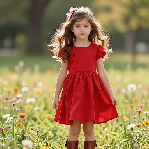 Confident Girl in Red Dress in Meadow